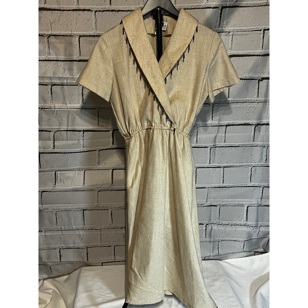 Bedford Fair Lifestyles Vintage Beige Beaded Shawl Collar Midi Dress 8P 010726